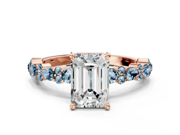 Emerald Cut Diamond Side Stone Solitaire Ring with Round Aquamarine and Four-Prong Setting Rose gold