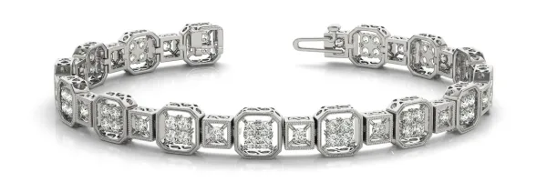 Channel Set Princess Cut Diamond Tennis Bracelet with Milgrain Detailing White gold