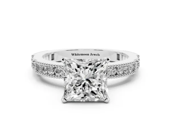 Princess Cut Solitaire with Pavé Band and Four-Prong Setting White gold