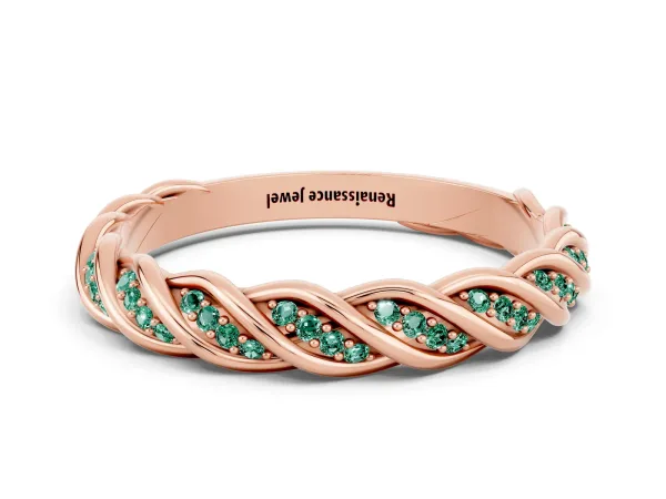 Twisted Pavé Round Green Sapphire Eternity Band with Shared Prong Setting Rose gold