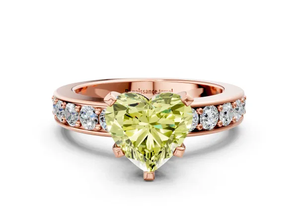 Fancy Yellow Heart Cut Diamond Engagement Ring with Channel Set Round Band and Prong Setting Rose gold