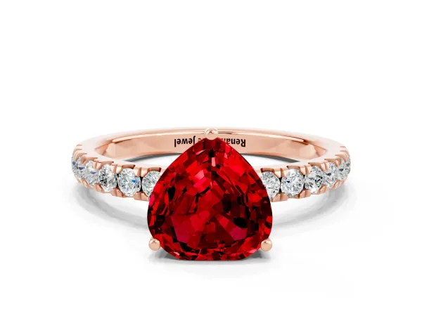 Heart Cut Ruby Pave Band Solitaire Ring with Round and Prong Setting Rose gold