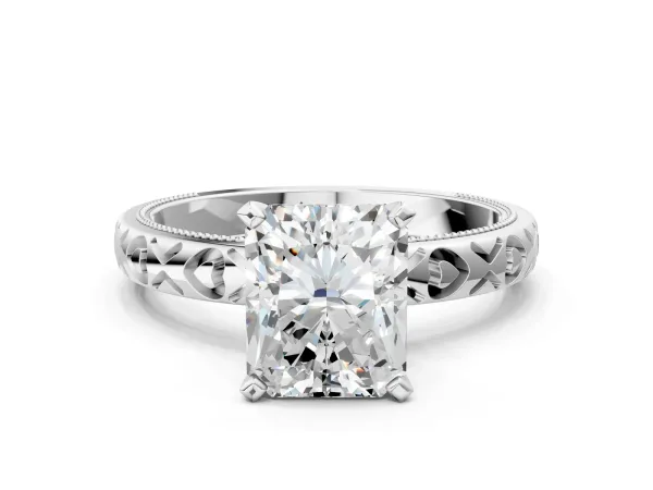 Radiant Cut Solitaire Diamond Engagement Ring with XO Engraved Band and Four-Prong Setting Platinum