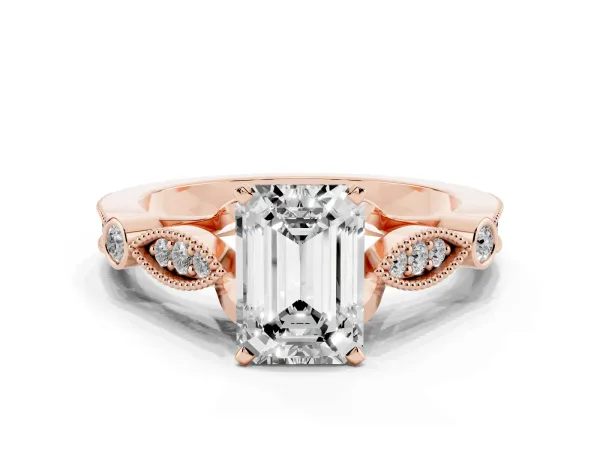 Emerald Cut Cut Diamond with Milgrain Marquise and Bezel Accents on a Solitaire Band with Prong Setting Rose gold