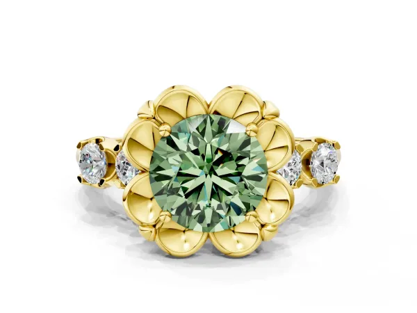 Fancy Green Round Cut Cut Diamond Floral Halo Engagement Ring with Shared Prong Setting Yellow gold