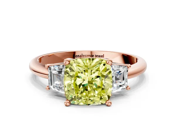 Fancy Yellow Cushion Cut Diamond Three-Stone Ring with Trapezoid Side Stones and Prong Setting Rose gold