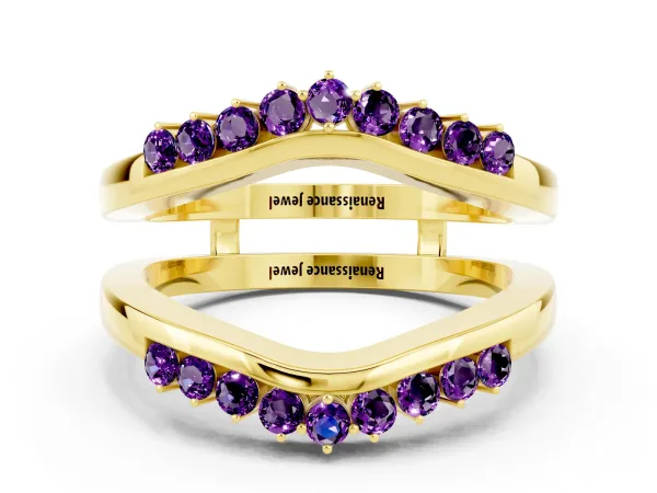 Round Amethyst Chevron Contour Band with Prong Setting Yellow gold