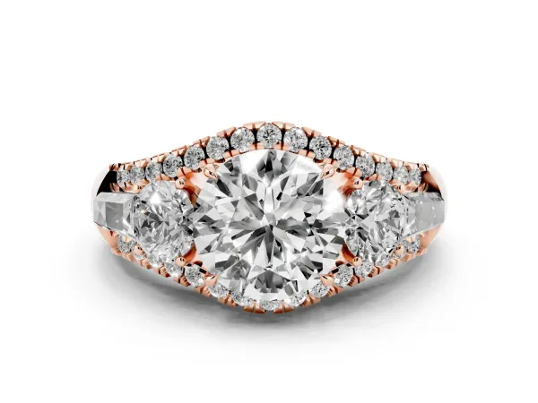 Three-Stone Round Cut Diamond Engagement Ring with Pave Band and Prong Setting Rose gold