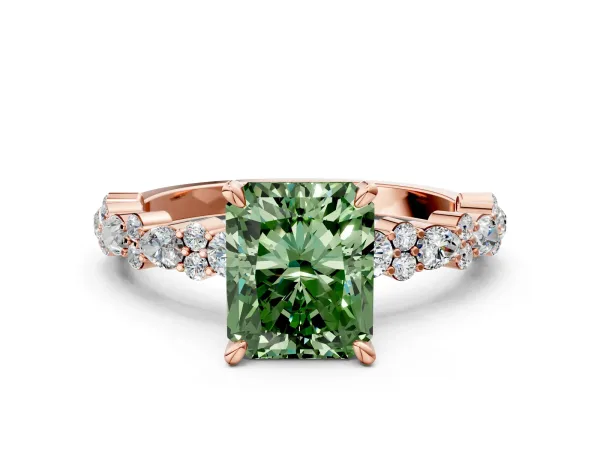 Fancy Green Radiant Cut Diamond Side Stone Solitaire Ring with Round and Four-Prong Setting Rose gold