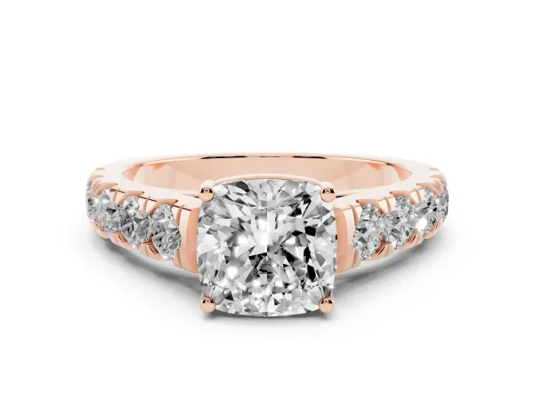 Cushion Cut Cut Diamond Solitaire Ring with Micro Pave Band and Prong Setting Rose gold