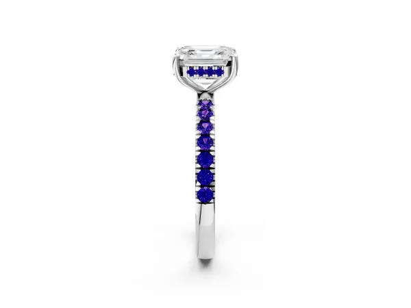 Asscher Cut Diamond Pave Band Solitaire Ring with Round Tanzanite and Prong Setting Platinum