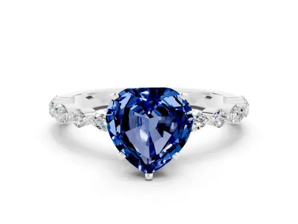 Heart Cut Blue Sapphire Ring with Marquise and Round Side Stones and Four-Prong Setting Platinum