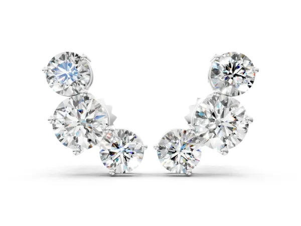 Round Cut Diamond Graduated Three-Stone Stud Earrings Silver