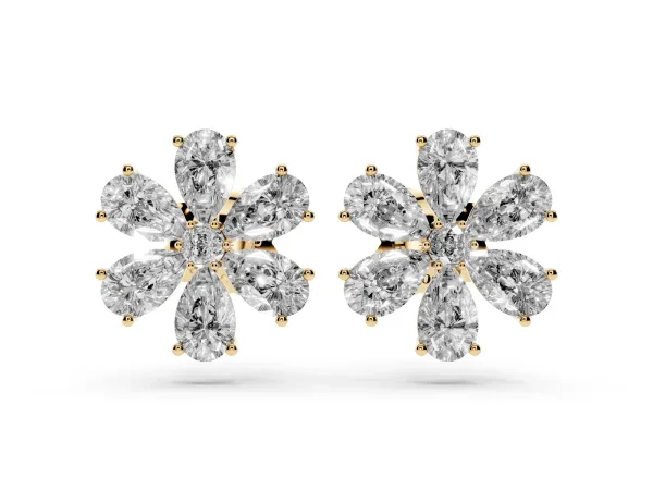 Pear Cut Diamond Floral Cluster Stud Earrings Yellow gold