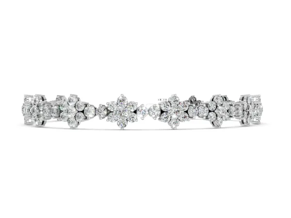 Round Diamond Floral Cluster Tennis Bracelet with Prong Setting White gold