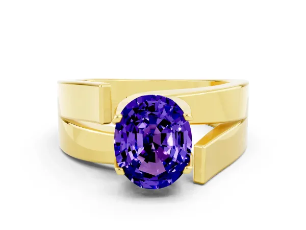 Modern Tension Set Oval Cut Tanzanite Solitaire Wide Band Ring Yellow gold