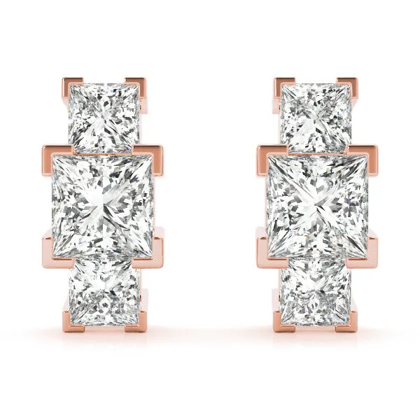 Three-Stone Princess Cut Channel Set Earrings with Bar Prong Setting Rose gold