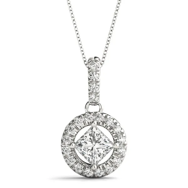 Princess Cut Halo Diamond Pendant with Four-Prong Setting Silver