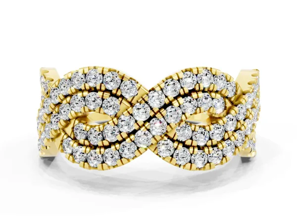 Pavé Round Moissanite Infinity Twist Band with Shared Prong Setting Yellow gold
