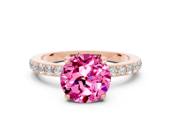Round Cut Pink Sapphire Solitaire Engagement Ring with Pavé Band and Four-Prong Setting Rose gold