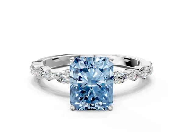 Fancy Blue Radiant Cut Diamond Ring with Marquise and Round Side Stones and Four-Prong Setting Platinum