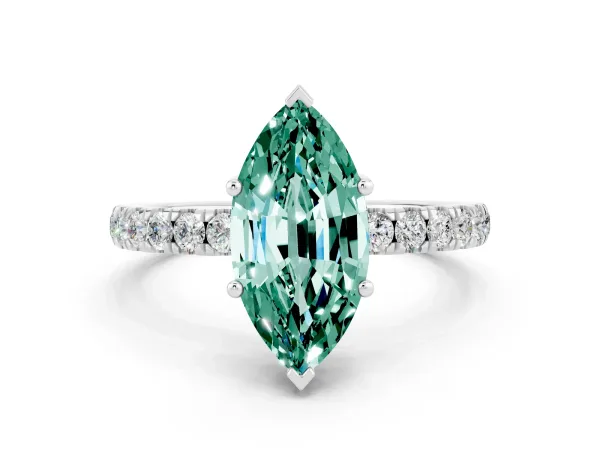 Marquise Cut Green Sapphire Pave Band Solitaire Ring with Round and Prong Setting White gold
