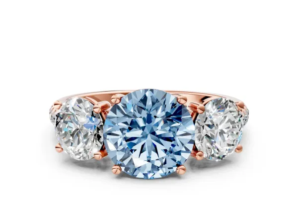 Fancy Blue Three-Stone Round Cut Diamond Ring with Round Pavé Band and Prong Setting Rose gold