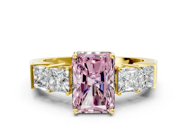 Fancy Pink Radiant Cut Solitaire Princess Side Stone Engraved Band Prong Setting Ring Yellow gold