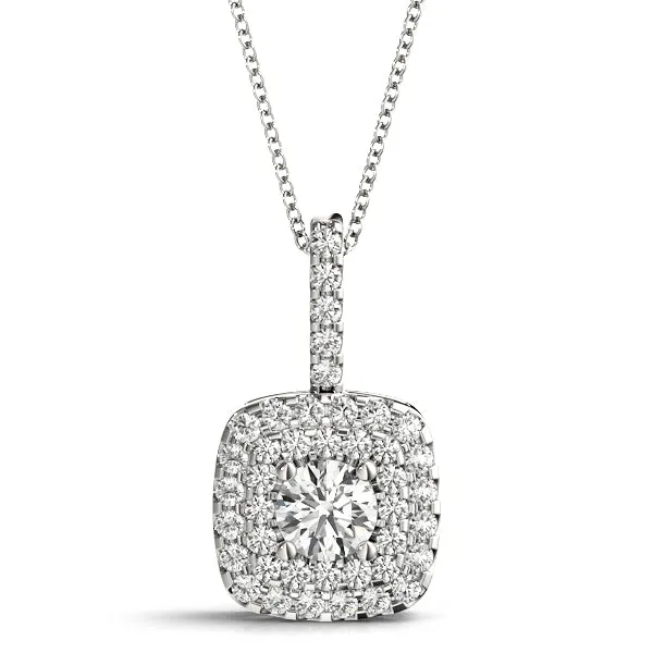 Cushion Halo Diamond Pendant with Round Brilliant Stone and Four-Prong Setting White gold