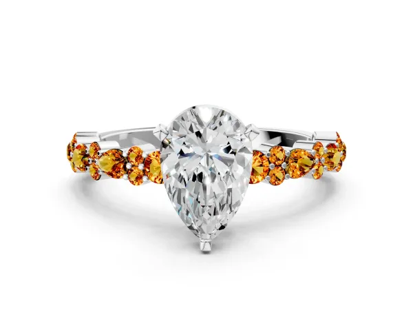 Pear Cut Diamond Side Stone Solitaire Ring with Round Citrine and Four-Prong Setting White gold
