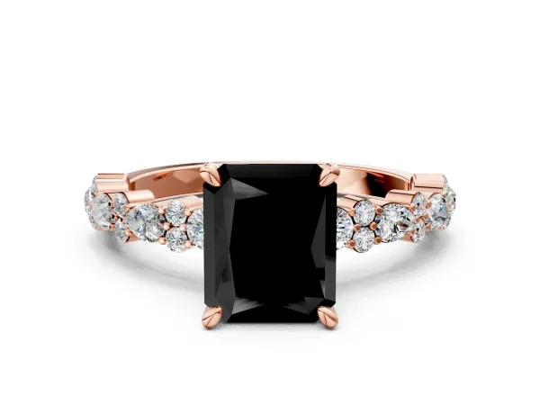 Fancy Black Radiant Cut Diamond Side Stone Solitaire Ring with Round and Four-Prong Setting Rose gold