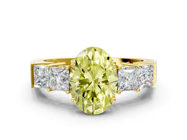 Fancy Yellow Oval Cut Solitaire Princess Side Stone Engraved Band Prong Setting Ring Yellow gold