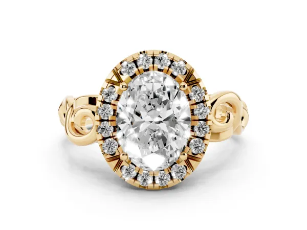 Oval Cut Halo Diamond Ring with Scrollwork Band and Four-Prong Setting Yellow gold