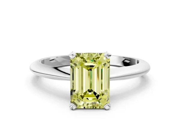 Fancy Yellow Emerald Cut Diamond Solitaire Engagement Ring with Classic Band and Four-Prong Setting Silver