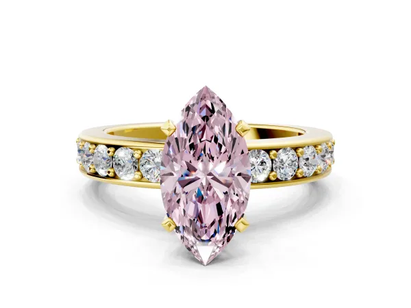 Fancy Pink Marquise Cut Diamond Engagement Ring with Channel Set Round Band and Prong Setting Yellow gold