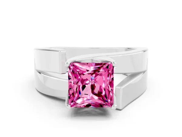 Modern Tension Set Princess Cut Pink Sapphire Solitaire Wide Band Ring Platinum