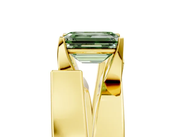 Fancy Green Modern Tension Set Emerald Cut Diamond Solitaire Wide Band Ring Yellow gold