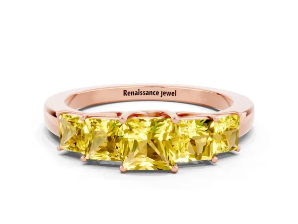 Princess Cut Five-Stone Yellow Sapphire Ring with Classic Prong Setting Rose gold