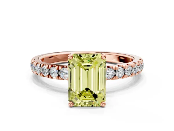 Fancy Yellow Emerald Cut Diamond Pave Band Solitaire Ring with Round and Prong Setting Rose gold