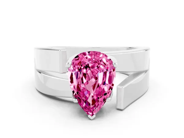 Modern Tension Set Pear Cut Pink Sapphire Solitaire Wide Band Ring Platinum