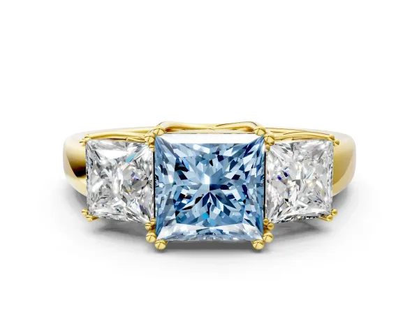 Fancy Blue Three-Stone Princess Cut Cut Diamond Ring with Channel Set Band and Four-Prong Setting Yellow gold