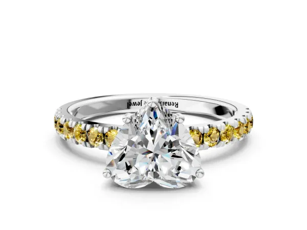 Heart Cut Diamond Pave Band Solitaire Ring with Round Yellow Sapphire and Prong Setting Platinum