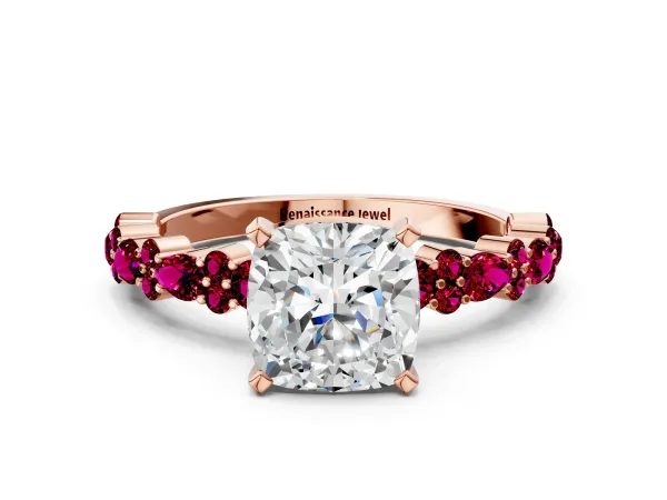 Cushion Cut Diamond Side Stone Solitaire Ring with Round Garnet and Four-Prong Setting Rose gold