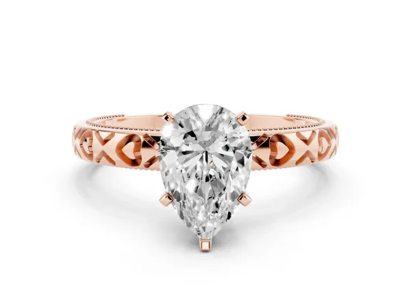 Pear Cut Solitaire Diamond Engagement Ring with XO Engraved Band and Four-Prong Setting Rose gold