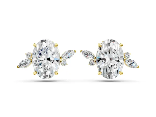 Oval Cut Diamond Nature-Inspired Stud Earrings with Marquise and Round Accents Yellow gold