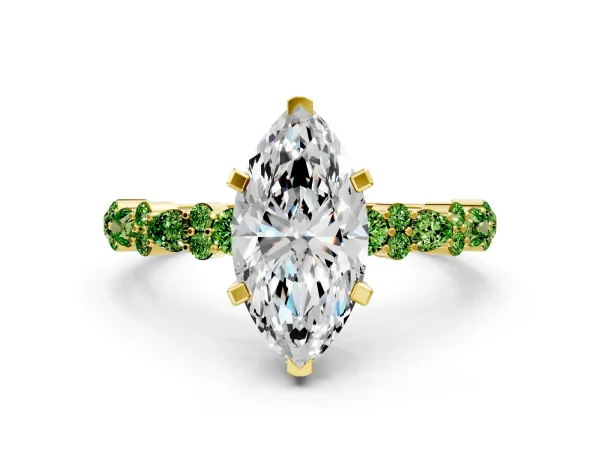 Marquise Cut Diamond Side Stone Solitaire Ring with Round Peridot and Four-Prong Setting Yellow gold