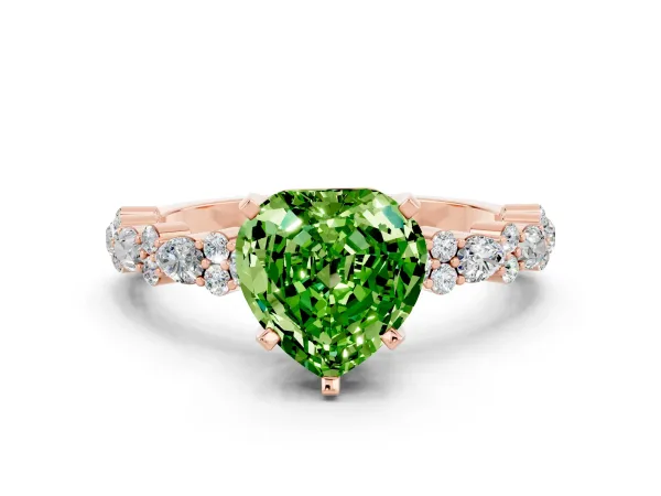 Heart Cut Peridot Side Stone Solitaire Ring with Round and Four-Prong Setting Rose gold