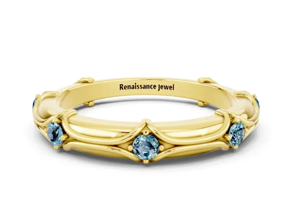 Round Aquamarine Prong Set Milgrain Eternity Band Yellow gold