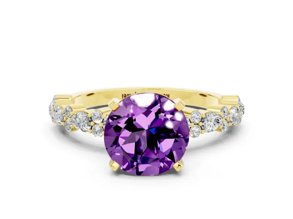 Round Cut Amethyst Side Stone Solitaire Ring with Round and Four-Prong Setting Yellow gold