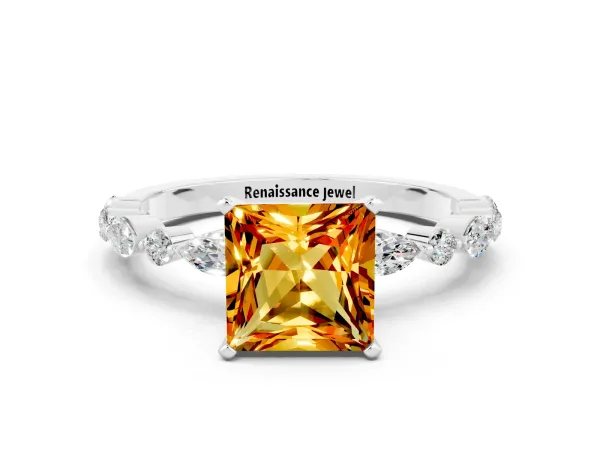 Princess Cut Citrine Ring with Marquise and Round Side Stones and Four-Prong Setting White gold
